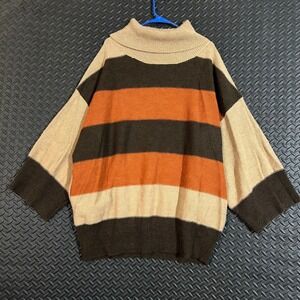 Moda‎ Tan Brown Orange Striped Long Sleeve Turtleneck Pullover Sweater Women's L